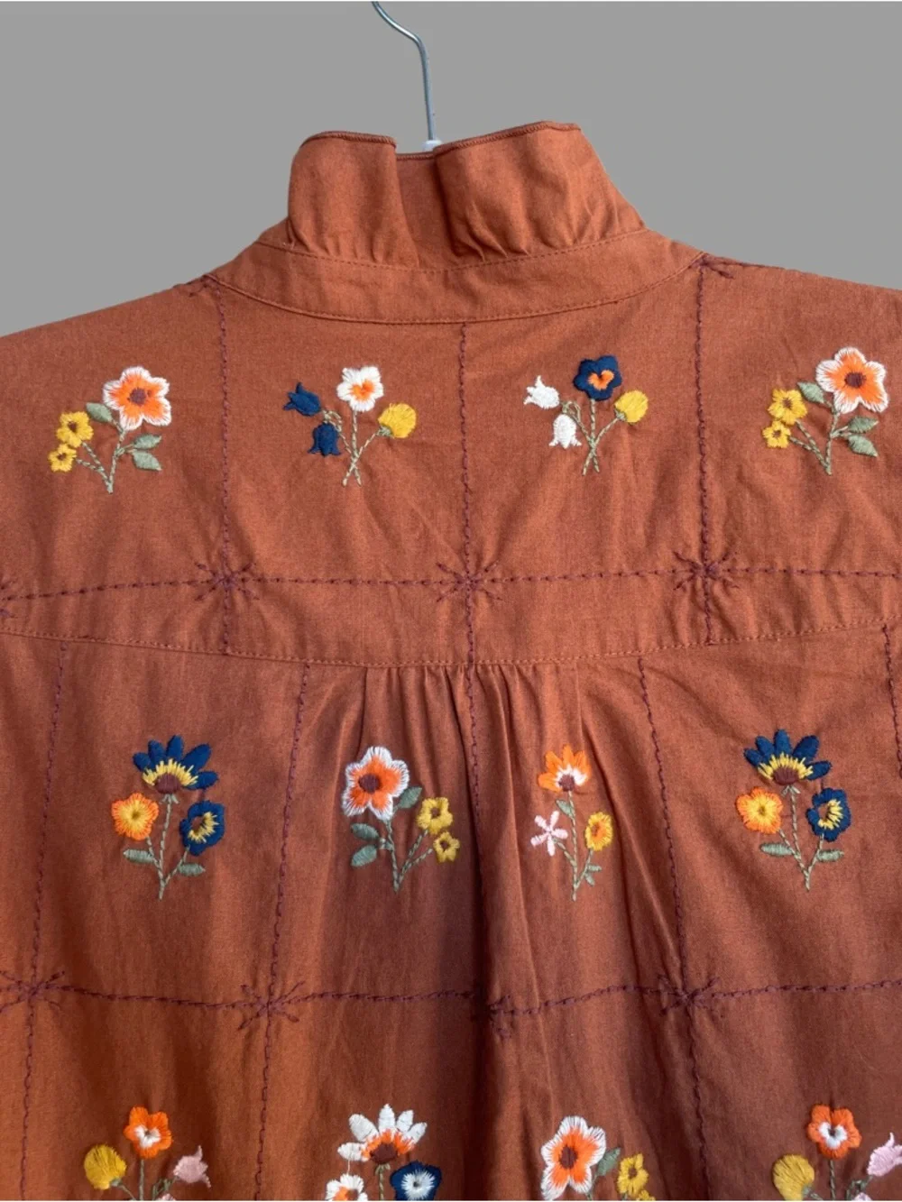 SEZANE Rust Orange Blue Floral Embroidered Ruffle Button Down Shirt Chlo Blouse - Picture 11 of 17